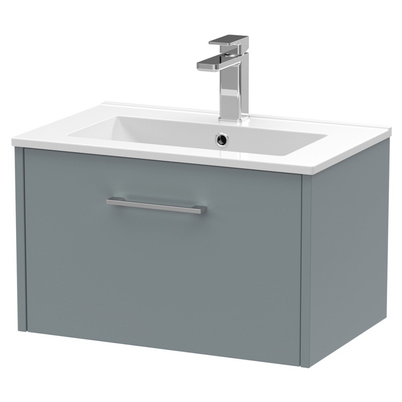 Juno 600mm Wall Hung Single Drawer Vanity With Minimalist Ceramic Basin - Coastal Grey Juno 600mm Wall Hung Single Drawer Vanity With Minimalist Ceramic Basin - Coastal Grey