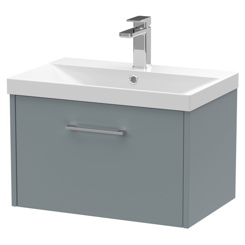 Juno 600mm Wall Hung Single Drawer Vanity With Thin-Edge Ceramic Basin - Coastal Grey Juno 600mm Wall Hung Single Drawer Vanity With Thin-Edge Ceramic Basin - Coastal Grey