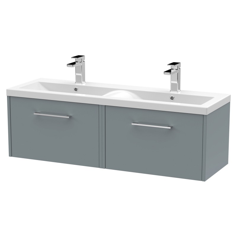Juno 1200mm Wall Hung 2 Drawer Vanity With Double Ceramic Basin - Coastal Grey Juno 1200mm Wall Hung 2 Drawer Vanity With Double Ceramic Basin - Coastal Grey