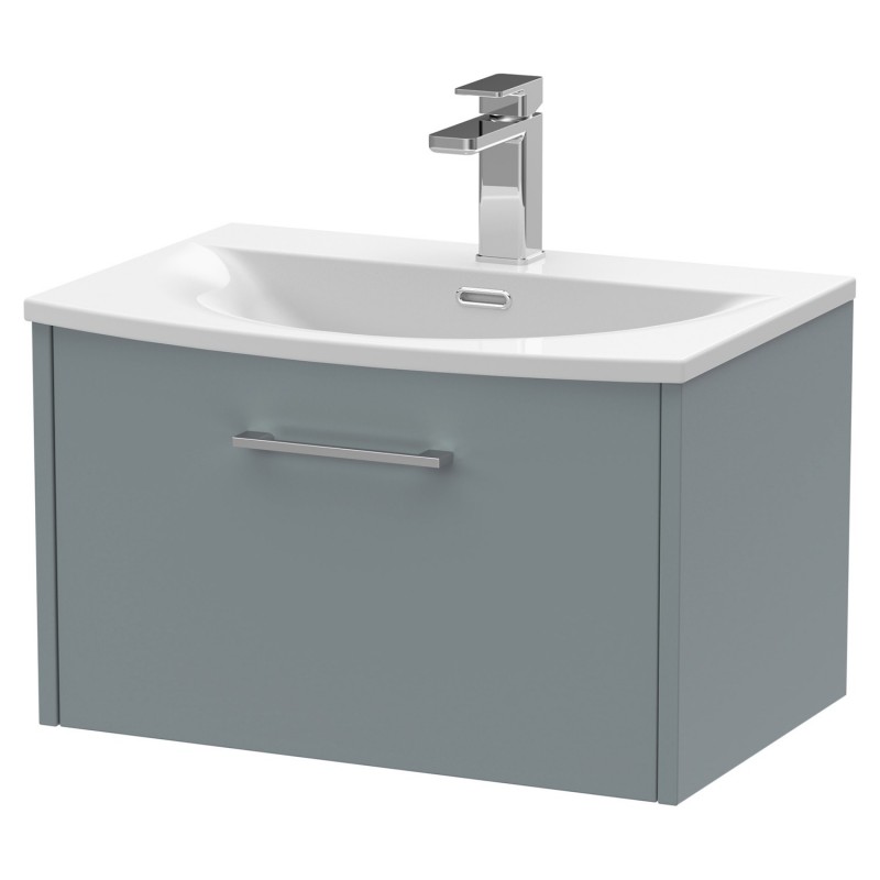 Juno 600mm Wall Hung Single Drawer Vanity With Curved Ceramic Basin - Coastal Grey Juno 600mm Wall Hung Single Drawer Vanity With Curved Ceramic Basin - Coastal Grey