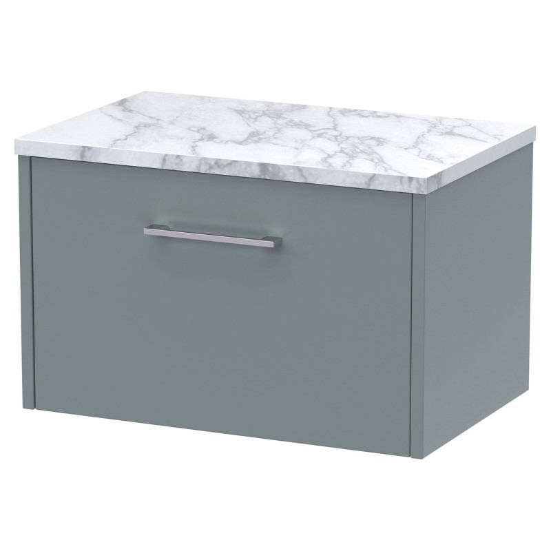 Juno 600mm Wall Hung 1 Drawer Vanity With Carrera Marble Laminate Worktop - Coastal Grey Juno 600mm Wall Hung 1 Drawer Vanity With Carrera Marble Laminate Worktop - Coastal Grey