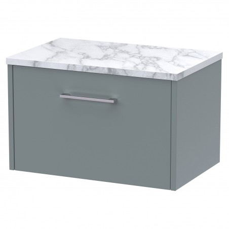 Juno 600mm Wall Hung 1 Drawer Vanity With Carrera Marble Laminate Worktop - Coastal Grey