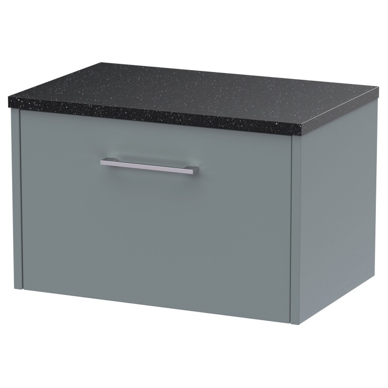 Juno 600mm Wall Hung Single Drawer Vanity With Black Sparkle Laminate Worktop - Coastal Grey Juno 600mm Wall Hung Single Drawer Vanity With Black Sparkle Laminate Worktop - Coastal Grey