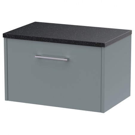 Juno 600mm Wall Hung Single Drawer Vanity With Black Sparkle Laminate Worktop - Coastal Grey