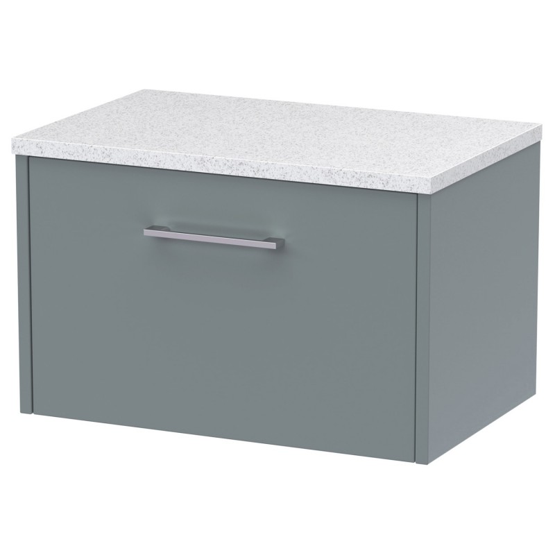 Juno 600mm Wall Hung Single Drawer Vanity With White Sparkle Laminate Worktop - Coastal Grey Juno 600mm Wall Hung Single Drawer Vanity With White Sparkle Laminate Worktop - Coastal Grey