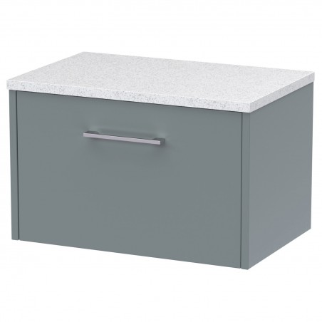 Juno 600mm Wall Hung Single Drawer Vanity With White Sparkle Laminate Worktop - Coastal Grey