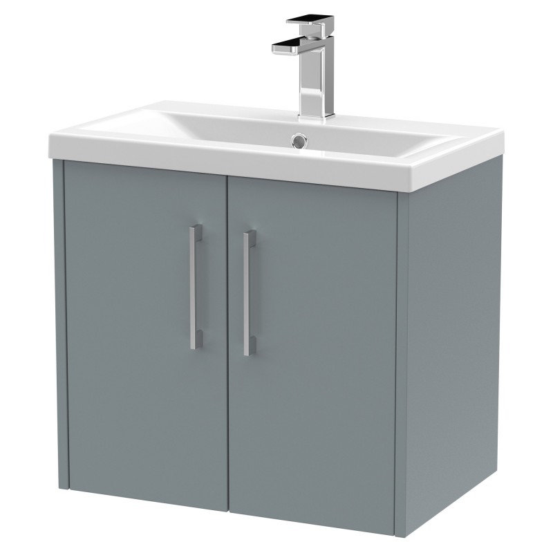 Juno 600mm Wall Hung 2 Door Vanity With Mid-Edge Ceramic Basin - Coastal Grey Juno 600mm Wall Hung 2 Door Vanity With Mid-Edge Ceramic Basin - Coastal Grey