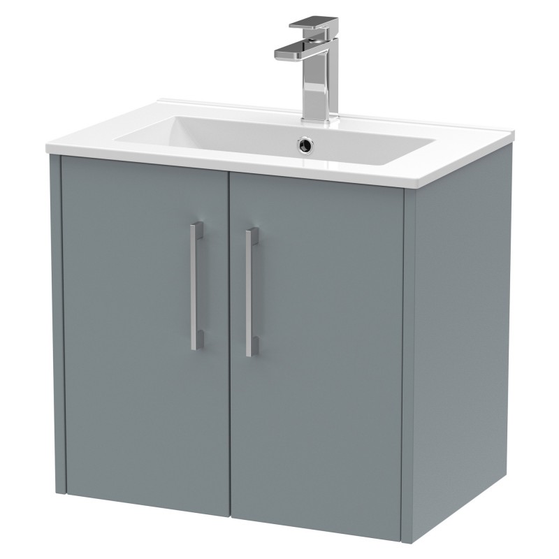 Juno 600mm Wall Hung 2 Door Vanity With Minimalist Ceramic Basin - Coastal Grey Juno 600mm Wall Hung 2 Door Vanity With Minimalist Ceramic Basin - Coastal Grey