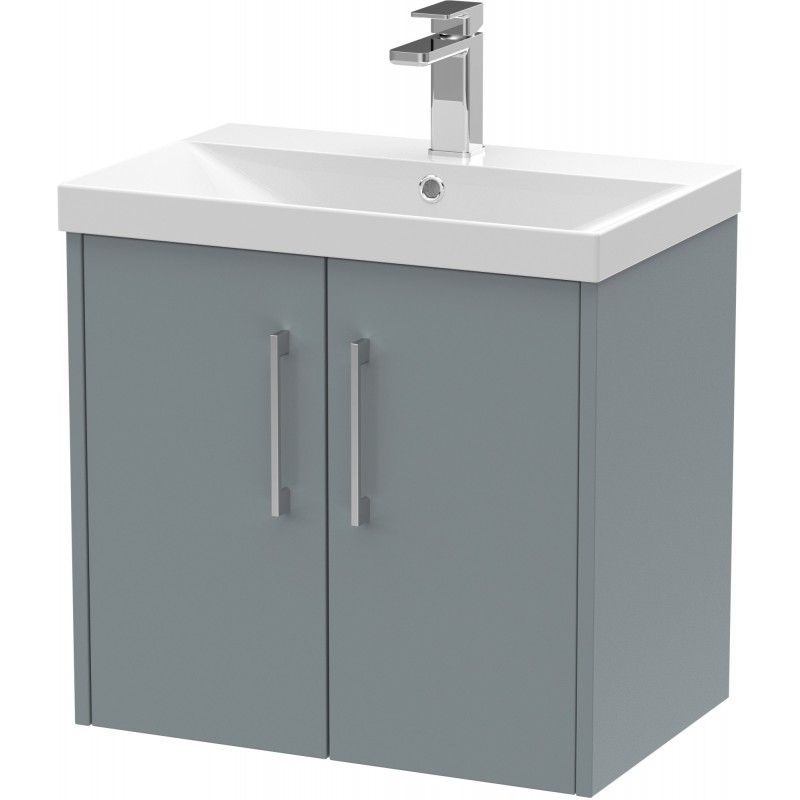 Juno 600mm Wall Hung 2 Door Vanity With Thin-Edge Ceramic Basin - Coastal Grey Juno 600mm Wall Hung 2 Door Vanity With Thin-Edge Ceramic Basin - Coastal Grey