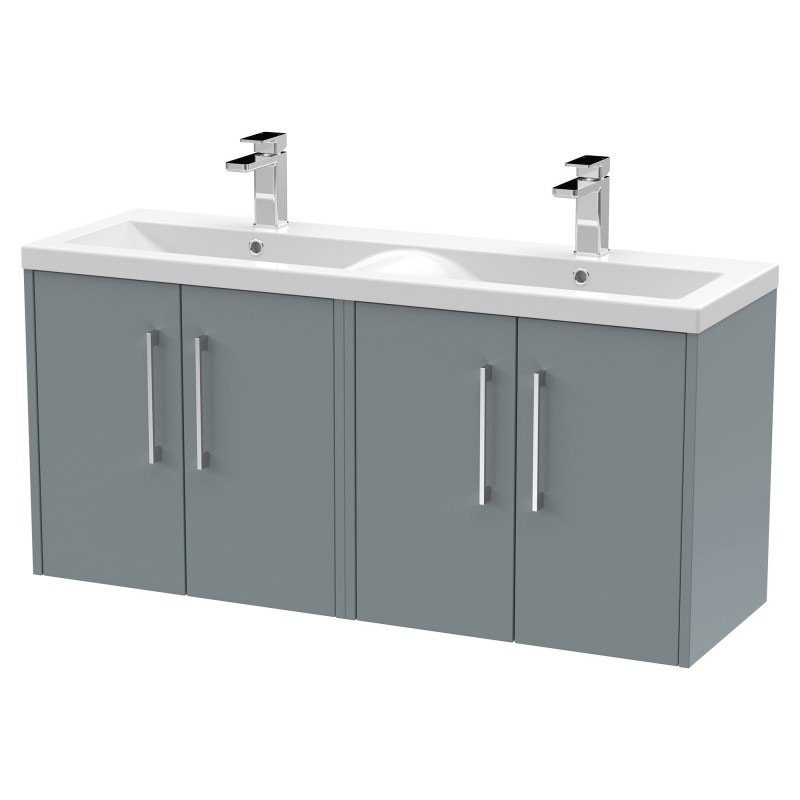 Juno 1200mm Wall Hung 4 Door Vanity With Double Ceramic Basin - Coastal Grey Juno 1200mm Wall Hung 4 Door Vanity With Double Ceramic Basin - Coastal Grey