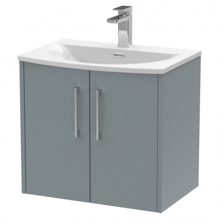 Juno 600mm Wall Hung 2 Door Vanity With Curved Ceramic Basin - Coastal Grey