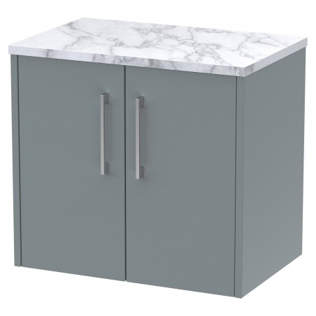 Juno 600mm Wall Hung 2 Door Vanity With Carrera Marble Laminate Worktop - Coastal Grey