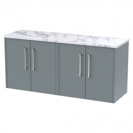 Juno 1200mm Wall Hung 4 Door Vanity With Carrera Marble Laminate Worktop - Coastal Grey