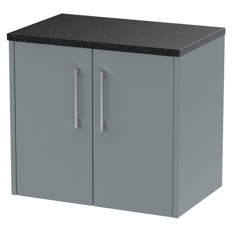 Juno 600mm Wall Hung 2 Door Vanity With Black Sparkle Laminate Worktop - Coastal Grey Juno 600mm Wall Hung 2 Door Vanity With Black Sparkle Laminate Worktop - Coastal Grey