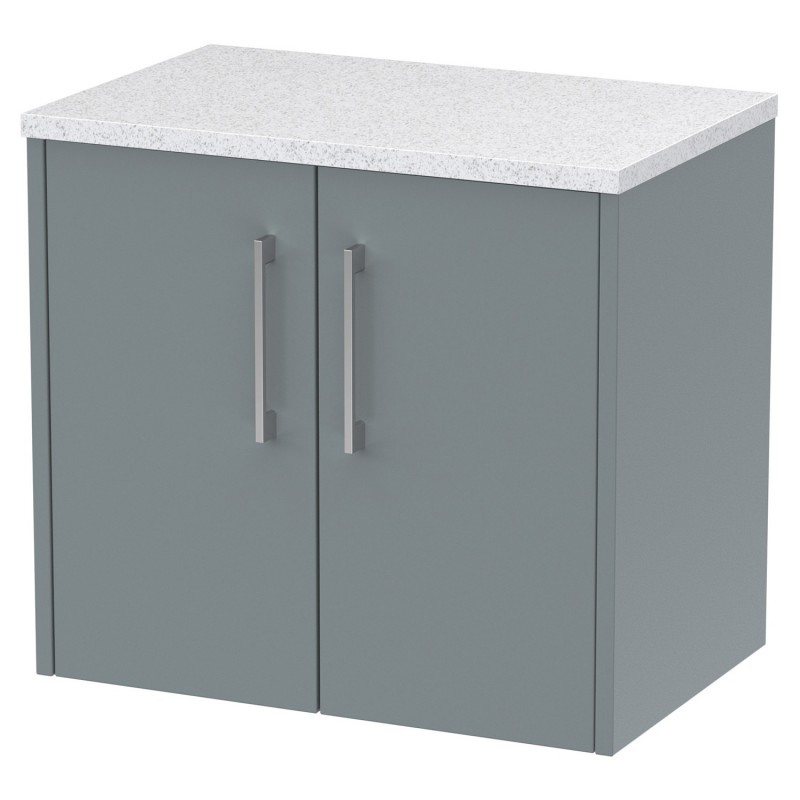 Juno 600mm Wall Hung 2 Door Vanity With White Sparkle Laminate Worktop - Coastal Grey Juno 600mm Wall Hung 2 Door Vanity With White Sparkle Laminate Worktop - Coastal Grey