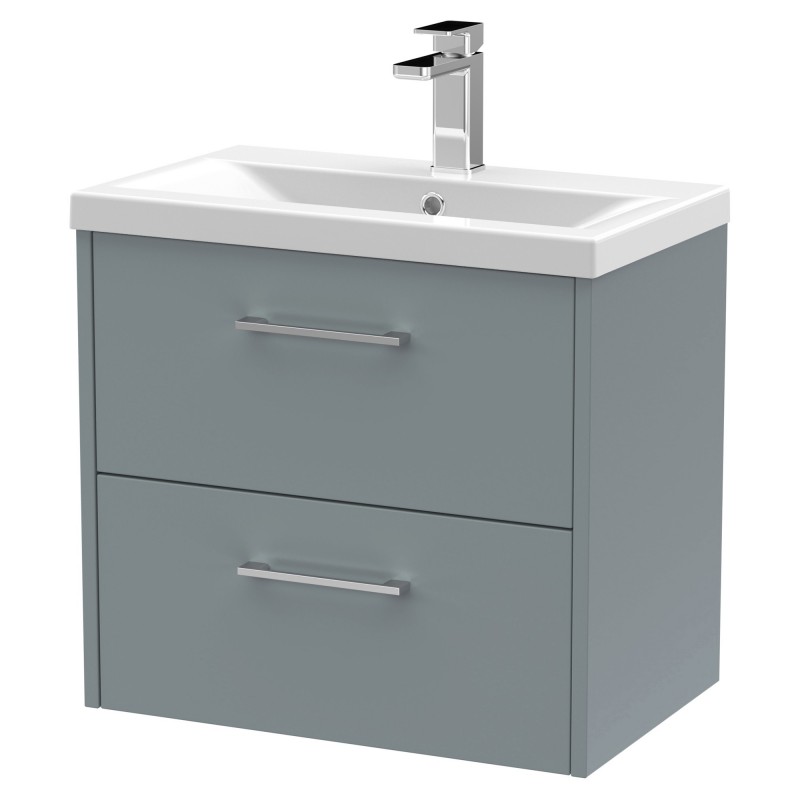 Juno 600mm Wall Hung 2 Drawer Vanity With Mid-Edge Ceramic Basin - Coastal Grey Juno 600mm Wall Hung 2 Drawer Vanity With Mid-Edge Ceramic Basin - Coastal Grey