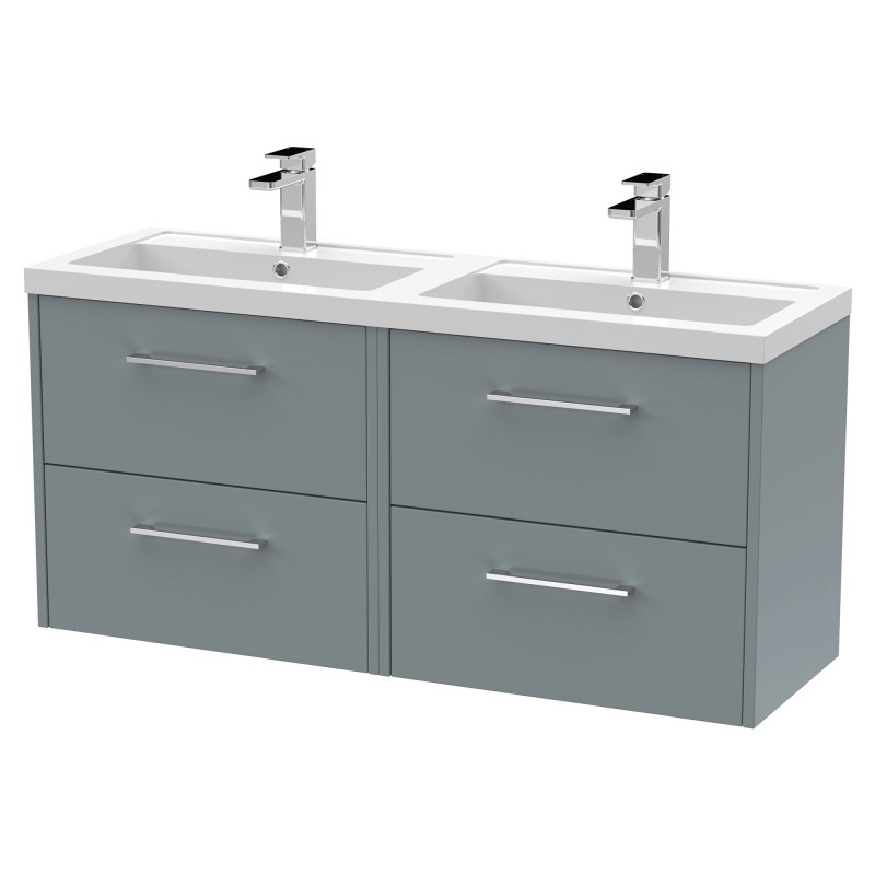 Juno 1200mm Wall Hung 4 Door Vanity With Double Polymarble Basin - Coastal Grey Juno 1200mm Wall Hung 4 Door Vanity With Double Polymarble Basin - Coastal Grey
