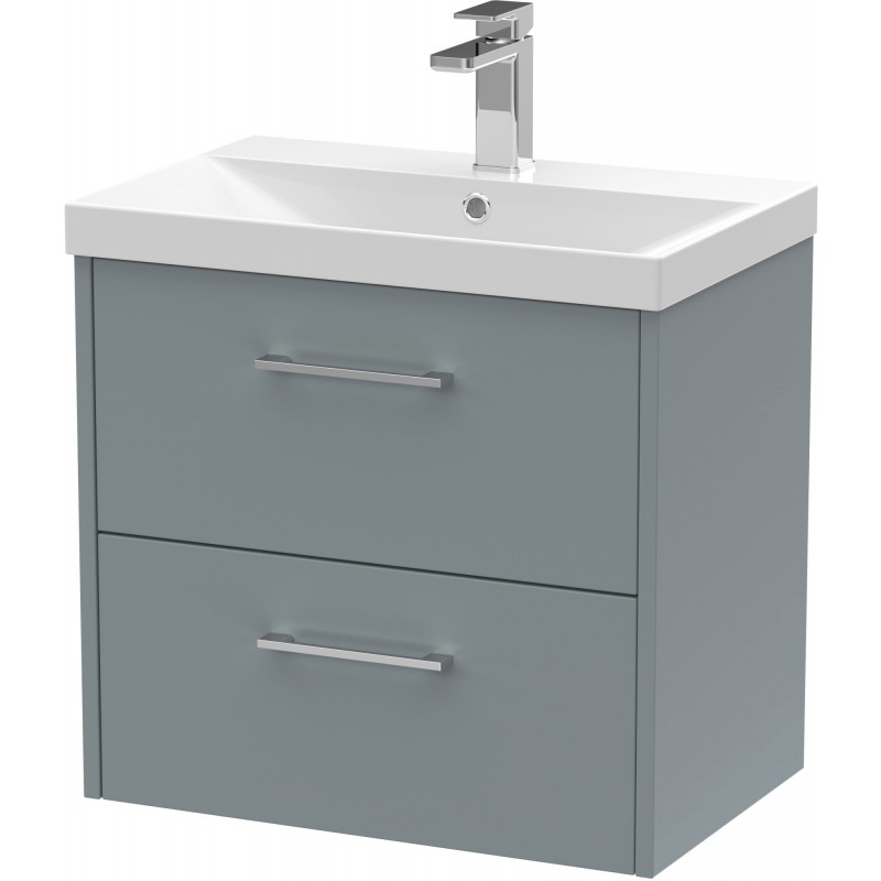 Juno 600mm Wall Hung 2 Drawer Vanity With Thin-Edge Ceramic Basin - Coastal Grey Juno 600mm Wall Hung 2 Drawer Vanity With Thin-Edge Ceramic Basin - Coastal Grey