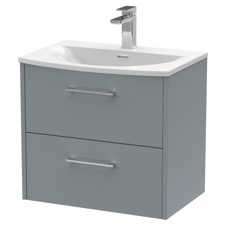 Juno 600mm Wall Hung 2 Drawer Vanity With Curved Ceramic Basin - Coastal Grey