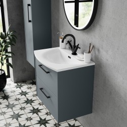 Juno 600mm Wall Hung 2 Drawer Vanity With Curved Ceramic Basin - Coastal Grey - Insitu