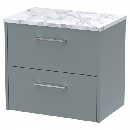 Juno 600mm Wall Hung 2 Drawer Vanity With Carrera Marble Laminate Worktop - Coastal Grey