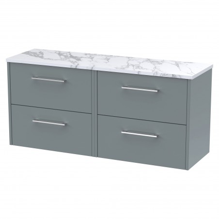 Juno 1200mm Wall Hung 4 Drawer Vanity With Carrera Marble Laminate Worktop - Coastal Grey