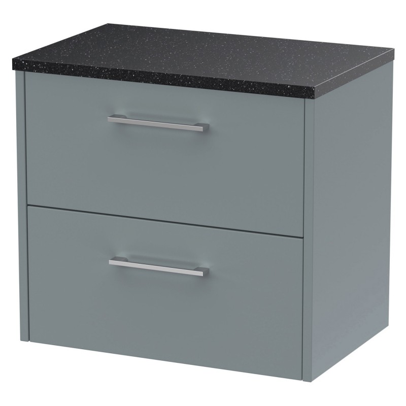 Juno 600mm Wall Hung 2 Drawer Vanity With Black Sparkle Laminate Worktop - Coastal Grey