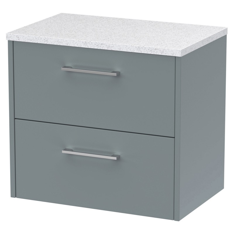 Juno 600mm Wall Hung 2 Drawer Vanity With White Sparkle Laminate Worktop - Coastal Grey Juno 600mm Wall Hung 2 Drawer Vanity With White Sparkle Laminate Worktop - Coastal Grey