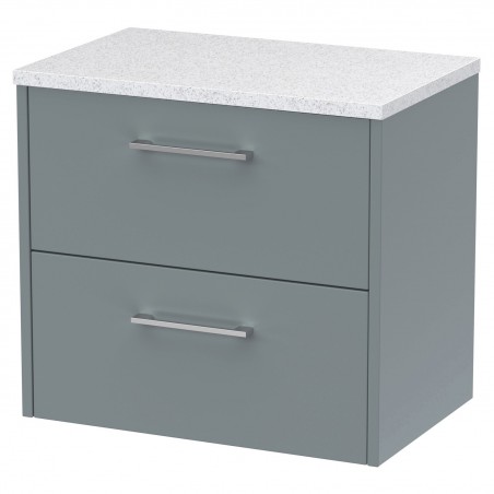 Juno 600mm Wall Hung 2 Drawer Vanity With White Sparkle Laminate Worktop - Coastal Grey