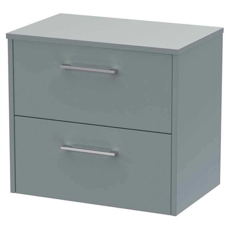 Juno 600mm Wall Hung 2 Drawer Vanity With Worktop - Coastal Grey Juno 600mm Wall Hung 2 Drawer Vanity With Worktop - Coastal Grey