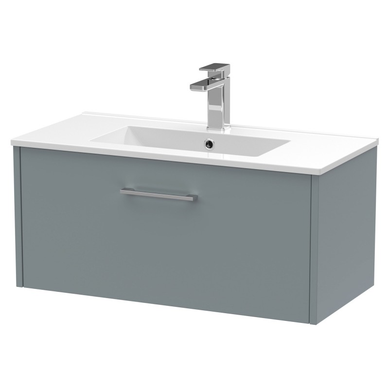 Juno 800mm Wall Hung Single Drawer Vanity With Minimalist Ceramic Basin - Coastal Grey Juno 800mm Wall Hung Single Drawer Vanity With Minimalist Ceramic Basin - Coastal Grey