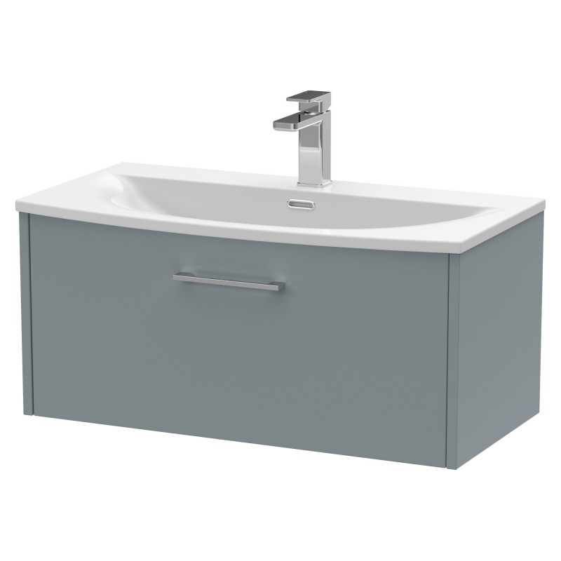 Juno 800mm Wall Hung Single Drawer Vanity With Curved Ceramic Basin - Coastal Grey Juno 800mm Wall Hung Single Drawer Vanity With Curved Ceramic Basin - Coastal Grey