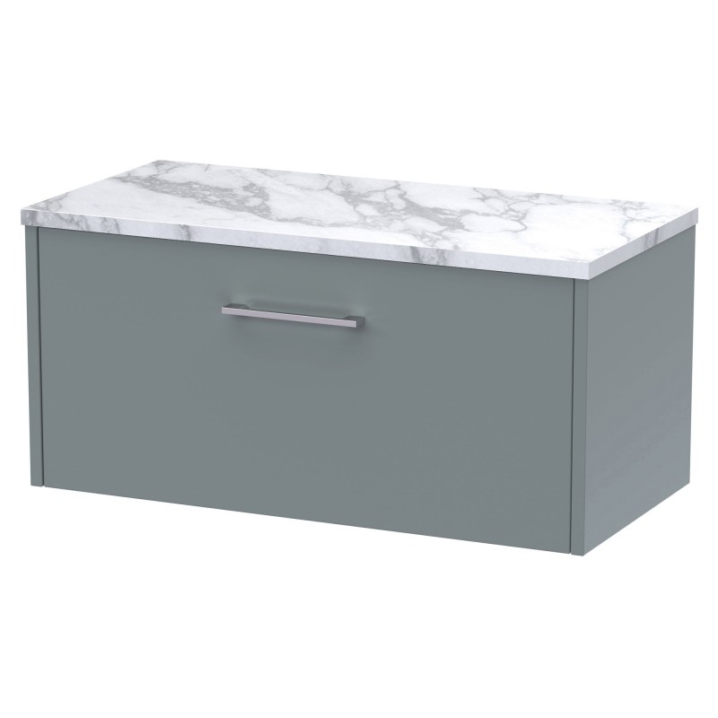 Juno 800mm Wall Hung 1 Drawer Vanity With Carrera Marble Laminate Worktop - Coastal Grey Juno 800mm Wall Hung 1 Drawer Vanity With Carrera Marble Laminate Worktop - Coastal Grey