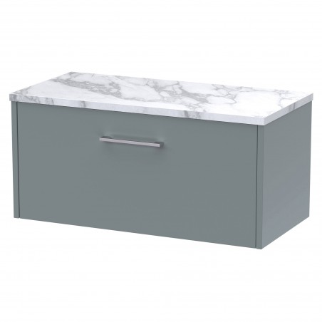 Juno 800mm Wall Hung 1 Drawer Vanity With Carrera Marble Laminate Worktop - Coastal Grey