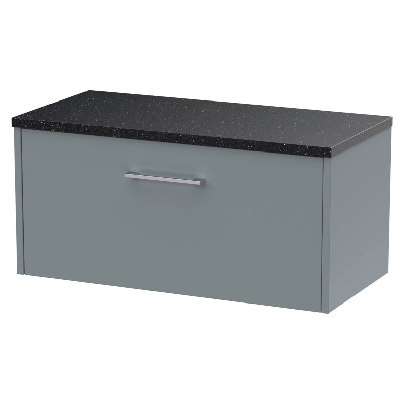 Juno 800mm Wall Hung Single Drawer Vanity With Black Sparkle Laminate Worktop - Coastal Grey Juno 800mm Wall Hung Single Drawer Vanity With Black Sparkle Laminate Worktop - Coastal Grey