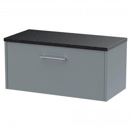 Juno 800mm Wall Hung Single Drawer Vanity With Black Sparkle Laminate Worktop - Coastal Grey