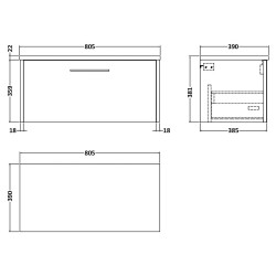 Juno 800mm Wall Hung Single Drawer Vanity With White Sparkle Laminate Worktop - Coastal Grey - Technical Drawing