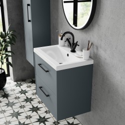 Juno 800mm Wall Hung 2 Drawer Vanity With Mid-Edge Ceramic Basin - Coastal Grey - Insitu
