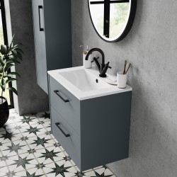 Juno 800mm Wall Hung 2 Drawer Vanity With Minimalist Ceramic Basin - Coastal Grey - Insitu