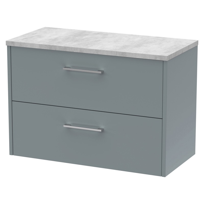 Juno 800mm Wall Hung 2 Drawer Vanity With Bellato Grey Laminate Worktop - Coastal Grey Juno 800mm Wall Hung 2 Drawer Vanity With Bellato Grey Laminate Worktop - Coastal Grey