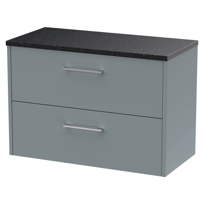 Juno 800mm Wall Hung 2 Drawer Vanity With Black Sparkle Laminate Worktop - Coastal Grey Juno 800mm Wall Hung 2 Drawer Vanity With Black Sparkle Laminate Worktop - Coastal Grey