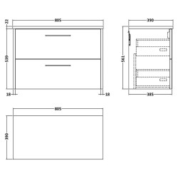 Juno 800mm Wall Hung 2 Drawer Vanity With Black Sparkle Laminate Worktop - Coastal Grey - Technical Drawing