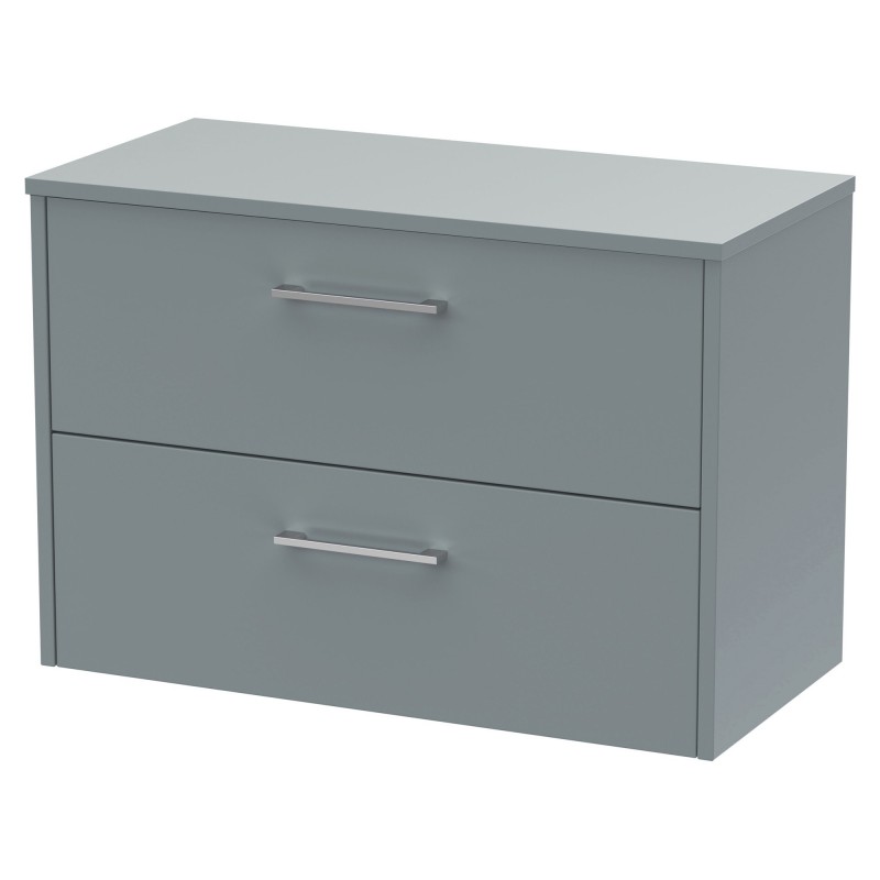 Juno 800mm Wall Hung 2 Drawer Vanity With Worktop - Coastal Grey Juno 800mm Wall Hung 2 Drawer Vanity With Worktop - Coastal Grey