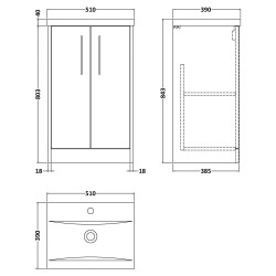 Juno 500mm Freestanding 2 Door Vanity Unit with Mid-Edge Ceramic Basin - Metallic Slate - Technical Drawing