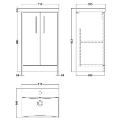 Juno 500mm Freestanding 2 Door Vanity Unit with Thin-Edge Ceramic Basin - Metallic Slate - Technical Drawing