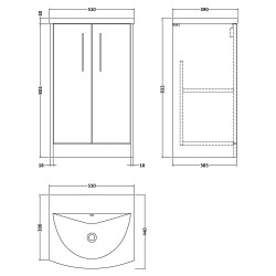 Juno 500mm Freestanding 2 Door Vanity Unit with Curved Ceramic Basin - Metallic Slate - Technical Drawing