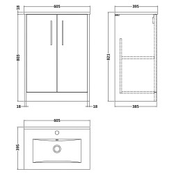 Juno 600mm Freestanding 2 Door Vanity Unit with Minimalist Ceramic Basin - Metallic Slate - Technical Drawing