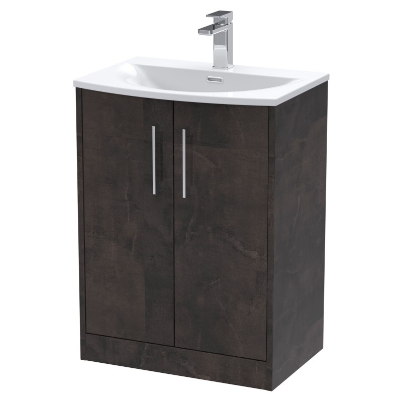 Juno 600mm Freestanding 2 Door Vanity Unit with Curved Ceramic Basin - Metallic Slate Juno 600mm Freestanding 2 Door Vanity Unit with Curved Ceramic Basin - Metallic Slate