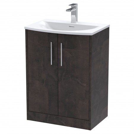 Juno 600mm Freestanding 2 Door Vanity Unit with Curved Ceramic Basin - Metallic Slate