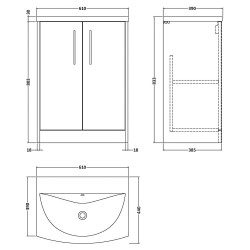 Juno 600mm Freestanding 2 Door Vanity Unit with Curved Ceramic Basin - Metallic Slate - Technical Drawing